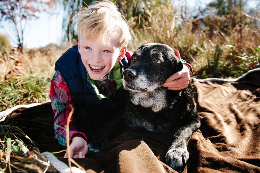 kid with pet dog portrait